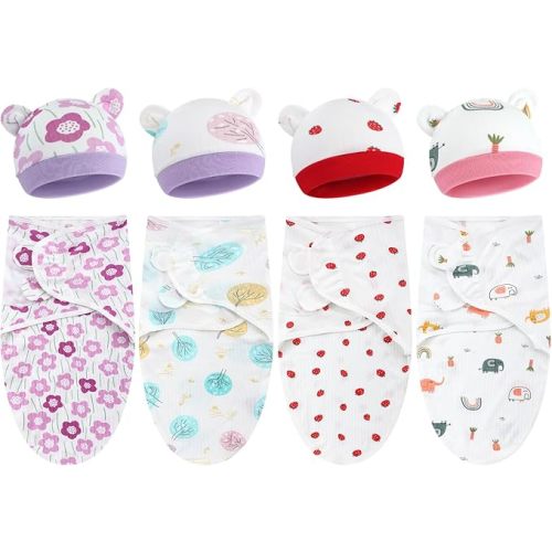 Buryeah 4 Pack Preemie Swaddle Blanket Wrap Set with Hat for Baby Boys Girls 3-7 Lbs Preemie Newborn Clothes Sleepers Cap