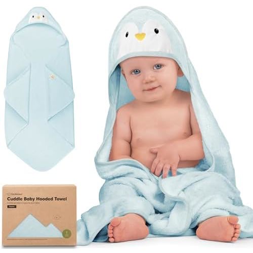 KeaBabies Hooded Baby Towel for Newborn, Baby Bath Towels (Penguin, 35x35)