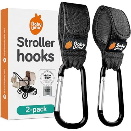 Baby Uma Stroller Hooks for Hanging Bags (2-Pack) - Universal Stroller Caddy Clips, Carry 5 kg per Mommy Clip, Carabiner Large, Baby Travel Essentials, New Mom Essentials, Wheelchair Accessories