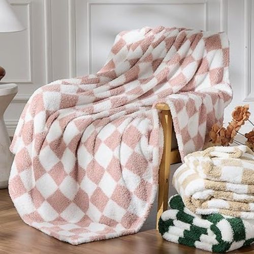 NEWCOSPLAY Knitted Pink White Checkered Blanket Super Soft Plush Throw for Couch Fuzzy Fluffy Microfiber Lightweight Blanket for Bed Sofa All Season Use (Pink White, Throw(50"x60"))