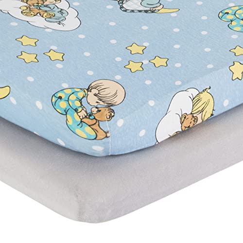 Precious Moments 2 Pack Baby Cradle Sheets - Fitted Set for Baby Boy; 100% Cotton Jersey Knit, Breathable and Soft Cradle Mattress Pad Cover; Blue and Yellow Boys Sheet and Solid Gray Sheet