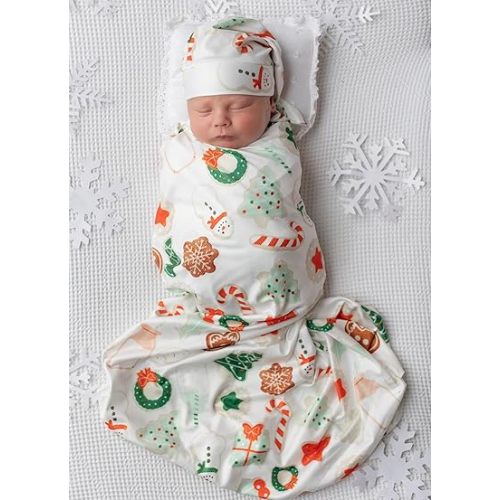 Newborn Baby Girl Receiving Blanket Swaddle Blanket Stretchy Knit Swaddle Set with Matching Headband and Beanie (White Christmas)