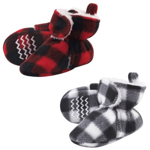 Hudson Baby Cozy Fleece Booties, Red Black White Plaid, 0-6 Months