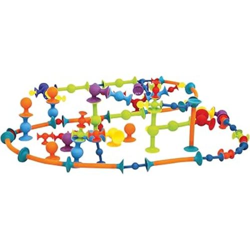 Fat Brain Toys Squigz 75 Piece Set - Suction Cup Set With Storage Bag, BPA Free Silicone Sensory Wall Toys, Stem Building Toys, Kids Travel