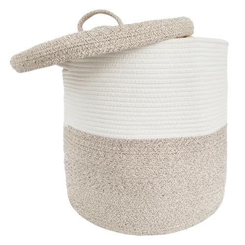 Large Storage Basket with Lid 60L, 16"Wx18"H Woven Laundry Hamper Basket with Handle, Room Decor Cotton Rope Wicker Basket Toy Organizer Bins for Clothes Blankets Pillows, Beige/White Mix includes Lid