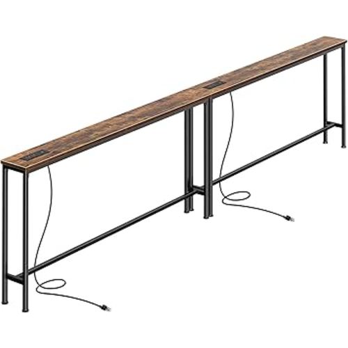 SUPERJARE 110.2 Inch Sofa Table with Power Outlets and USB-C Ports, 5.9 Inch Narrow Console Tables, Entryway Hallway Couch Tables with Storage, Behind Sofa, Small Spaces, Living Room, Rusitc Brown