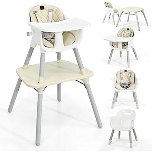 HONEY JOY 5-in-1 High Chair, Convertible Highchair for Babies and Toddlers/Kids Chair Table Set/Infant Feeding Chair w/Safety Harness, PU Leather Cushion & Removable Food Tray (Beige)