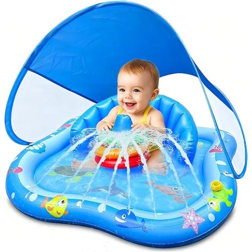 iGeeKid Baby Play Mat with Sprinkler, Inflatable Baby Pool Float with Canopy Backrest & Stackable Rings Water Sprinkler for Kids, Outdoor Water Play Toys for Toddlers Backyard Swimming Water Games