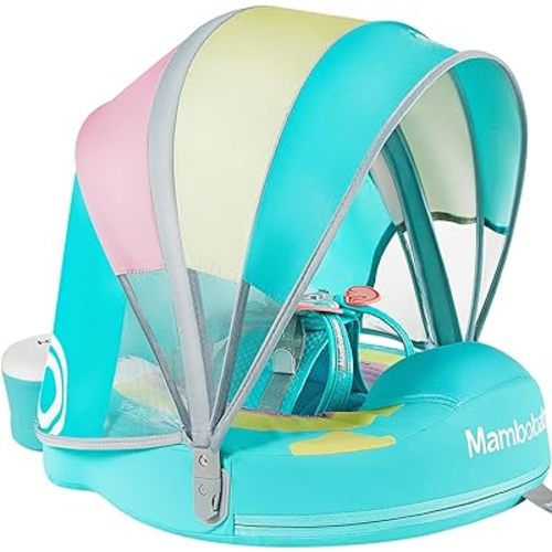 Mambobaby Non-Inflatable Baby Pool Float with Tail and Canopy UPF 50+ Sun Protection No Flip Over Infant Swim Float Skin-Friendly Mambo Float Swim Trainer Solid Baby Swimming Ring (Rainbow Green)