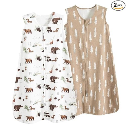 david's kids 100% Organic Cotton Baby Sleep Sack 6-12 Months, Soft Baby Wearable Blankets with 2-Way Zipper, 2 Pack Comfy Sleeping Bags for Infant Newborn Boys Girls, Medium Size, Woodland