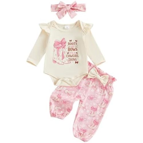 Western Baby Girl Clothes Horse/Boots Print Long Sleeve Romper + Pants + Headband Newborn Infant Cute 3PCS Set