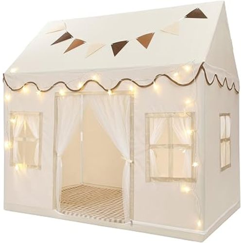 Kids Play Tent, Toddlers Large Playhouse with Mat, Star String, Flag, Machine Washable, Indoor and Outdoor Play Tent for Kids, Girls & Boy Aged 3+, 50" x 34" x 51", Cream
