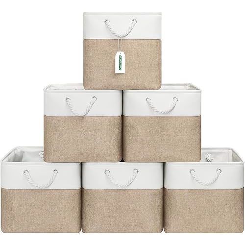 ECDYQXVU 13x13 Inch Cube Storage Bins with Reinforced Bottom Cardboard, 6 Pack Large Foldable Fabric Storage Cubes with Handles for Shelf, Closet, Laundry Organization (White&Khaki)
