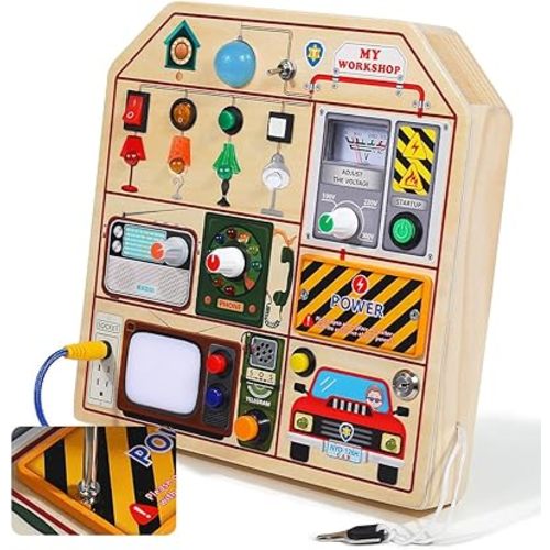 JAUNTY Montessori Wooden Busy Board for Toddlers 3 4 5 Years Old, Wooden Sensory Toddler Toys with LED Light Switches, TV Radio Telegram and Car Driving, Travel Toys Birthday for Boys Girls