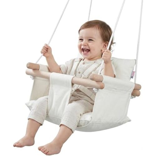 CaTeam Canvas Baby Swing Seat with 5-Point Safety Belt — Wooden Hanging Toddler Swing, Indoor & Outdoor, Ages 1-4, Ceiling Mount Hardware Included, Ivory