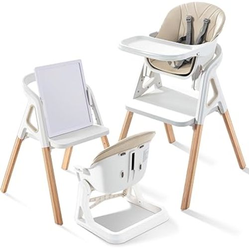 Baby High Chair, Babies and Toddlers Convertible Slim High Chair with 6 Growing Stages from Infant to Toddler Seating with Removable Tray, Easy to Clean,Beige Cushion
