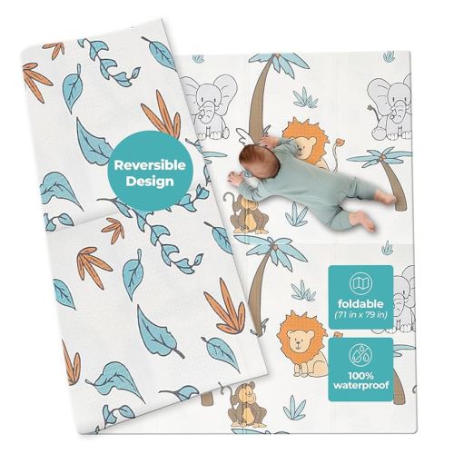 Reversible Baby Play Mat 79x71, Foldable Baby Mat with Foam, Playmat for Infants to Play on Floor Indoor & Outdoor, Non-Toxic Material and Lightweight for Easy Storage - Safari