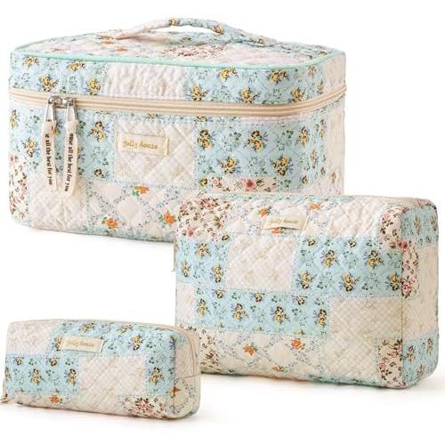 HBselect Quilted Makeup Bag, 3PCS Cotton Large Travel Makeup Bag, Cute Floral Coquette Make up Bag Cosmetic Bag Toiletry Bag for Women Girls