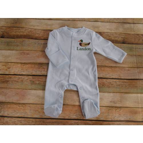 Personalized Newborn Footie: Baby Blue Cotton Knit, Mallard Duck