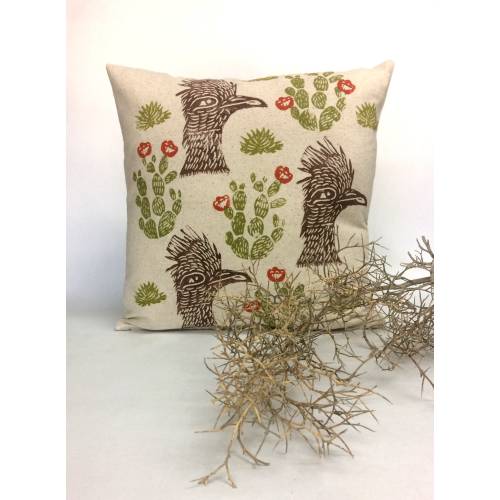Roadrunner Cactus Print Pillow: Hand Block Printed Desert Decor