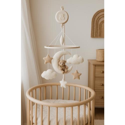 Teddy bear on moon Boucle cloud nursery baby mobile, Neutral nursery mobile, Stars baby crib mobile, Clouds mobile,Minimalist nursery mobile