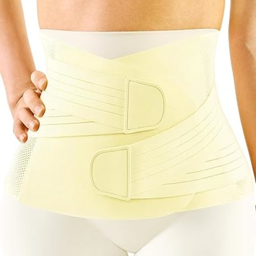 FREETOO Postpartum Belly Band Wrap for Women,Soft Abdominal Binder Post Surgery with Back Support,C-Section Belly Binder Post Partum,Stomach Binder Postpartum with Adjustable Compression,M,Cream