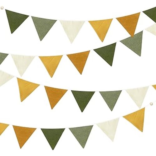 2 Sets of Sage Green Yellow Nursery Garland 24Pcs Fabric Linen Pennant Banner Flags Triangle Streamers for Baby Playroom Decor Kids Jungle Woodland Camper Birthday Baby Shower Boho Party Decorations