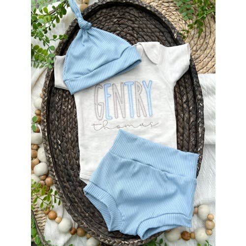 Personalized modern baby outfit and hat set, custom infant boy coming home outfit, baby shower gift, baby blue, bodysuit