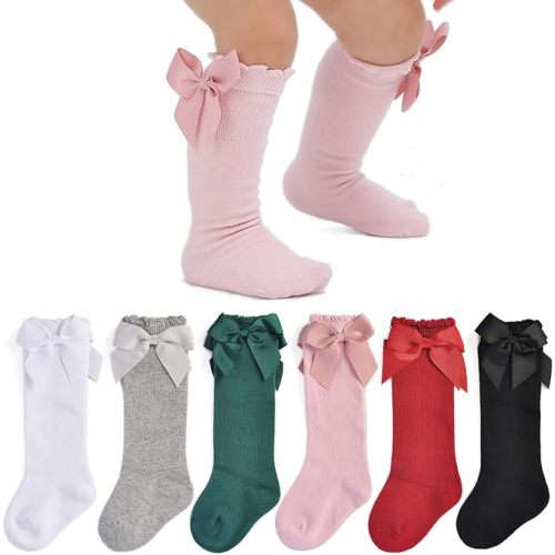 EPEIUS Baby Girl Knee High Socks with Bow, Ruffle Cotton Long Socks