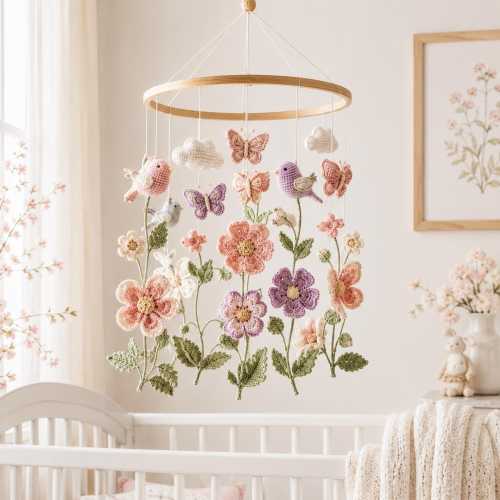 Wildflower Crochet Baby Mobile, Floral Bird Nursery Mobile, Handmade Butterfly Crib Mobile, Baby Girl Nursery Decor, Baby Shower Gift