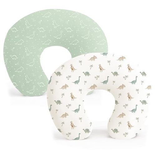 2 Pack Nursing Pillow Covers, Stretchy and Soft Nursing Cover for Breastfeeding Pillows, Pillow Slipcover for Baby Girls Boys Newborn (Dino Jungle, Sage)