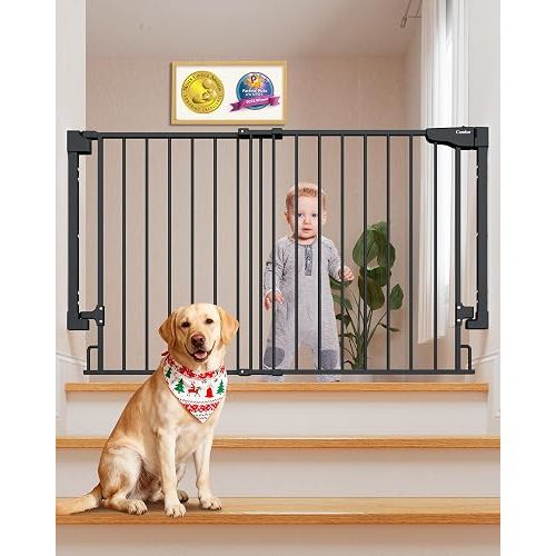 Cumbor Expandable 31.6-48" Baby Gate for Stairs, Hardware Mounted, 2-in-1 No Bottom Bar Dog Gate Indoor, Pet Gate for Doorways with Large Walk Thru Door, Child-Proof Safety Gate for Kids (Black)