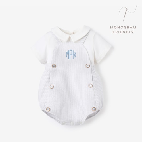 Blue Seersucker Overall Bubble + Collared Shirt BLUE / 9-12M