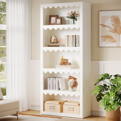 Dovecove 5-Tier White Bookcase, Tall Bookshelf With Scalloped Edges For Living Room | Wayfair