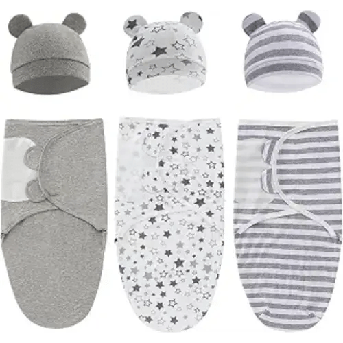 Baby Swaddle Sleep Sack with Hat Set for Boys Girls Grey/Star/Strip
