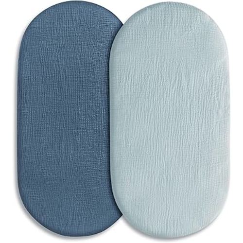 Muslin Bassinet Fitted Sheets, 2 Pack for Baby Boy and Girl, Soft Breathable Stretchy Baby Pad/Mattress Sheet Set, Universal Fit for Hourglass Oval and Rectangle Bassinet Mattress (Bright Colors)