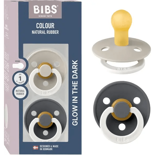 BIBS Colour Night Glow in The Dark Soother 2-Pack, BPA Free Dummy Pacifier, Round Nipple. Natural Rubber Latex, Made in Denmark, Size 1 (0-6 Months), Sand Glow/Iron Glow