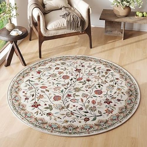 Rugcomf Vintage Paisley Round Rug 4ft - Machine Washable Area Rug, Non-Slip Low Pile Floral Carpet for Entryway, Living Room, Bedroom, Dining Room, Kids, Bathroom, Office - Beige