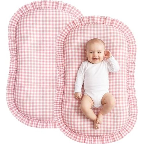 2 Pcs Gingham Baby Lounger Cover with Ruffle 100% Cotton Plaid Lounger Cover Baby Nest Slipcover for Boys Girls(Pink)