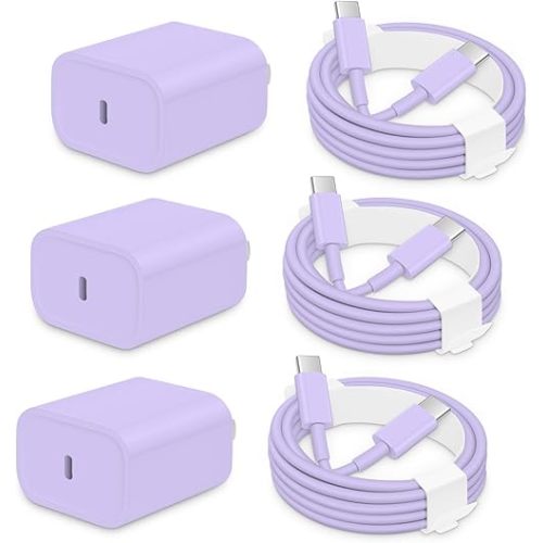 iPhone 17/16/15 Charger Fast Charging 3 Pack USBC Charger Block with 6 FT Type C Charger Fast Charging Cord Compatible with iPhone 17/17 Plus/17/16/15 Pro Max/16/16 Plus/15/iPad Pro-Purple