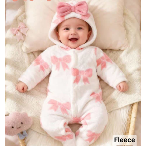 SHEIN Newborn Baby Hooded Jumpsuit, Cute Pink Bow Print Flannel Soft & Skin-Friendly Infant Jumpsuit | SHEIN USA