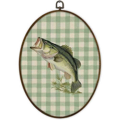 Gnmduw Bass Fish Checkered Oval Wall Art Framed, Vintage Boys Nursery Canvas Prints Hanging Decoration, Hunting Fishing Nursery Wall Decor for Kids Room, Fish Room Decor for Boys, 8.7x11.3 Inch