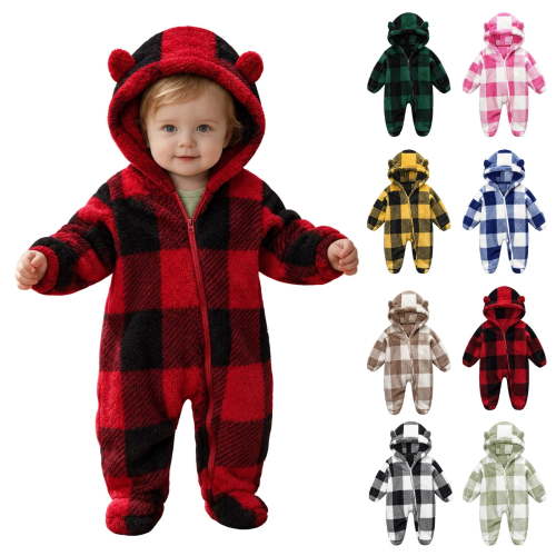 Newborn Boys Girls Plaid One Piece Romper Cute Bear Ear Footies Hooded Jumpsuit Plush Fleece Front Zipper Onesie Winter Long Sleeve Jumper for Baby