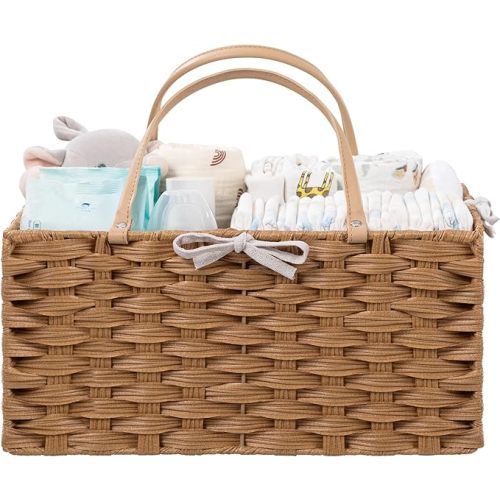 HBlife Large Diaper Caddy Organizer, Washable Waterproof, Portable Plastic Wicker Woven Basket with Divider, Nursery Diaper Station, Baby Shower Gifts Basket & Car Organizer