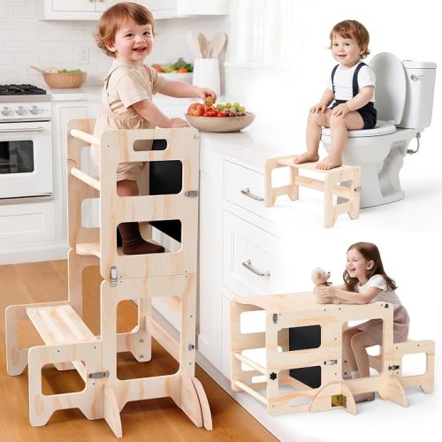 Toddler Kitchen Step Stool, 4-in-1 Foldable Standing Tower with Blackboard, Anti-Tip Learning Tower for Kitchen Counter & Bathroom Sink, Kitchen Helper Stool for Kids, 1-3 Year Old Boy Girl Gifts