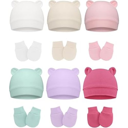 Cotton Baby Hats and Mittens Set Unisex, Toddler No Scratch Mittens and Beanie Cap Infant Newborn Hospital Hat