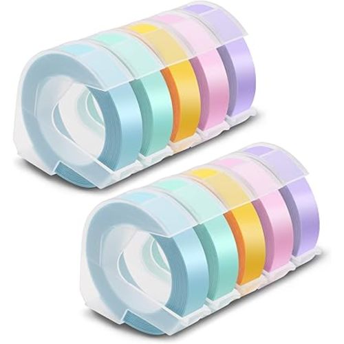 Pristar Plastic 3D Embossing Label Tape Self-Adhesive Compatible for Dymo Label Makers Organizer Xpress Pro, Office Mate II, 3/8 in X 9.8 Ft, Macaroon Color Yellow/Blue/Green/Pink/Purple, 10-Pack