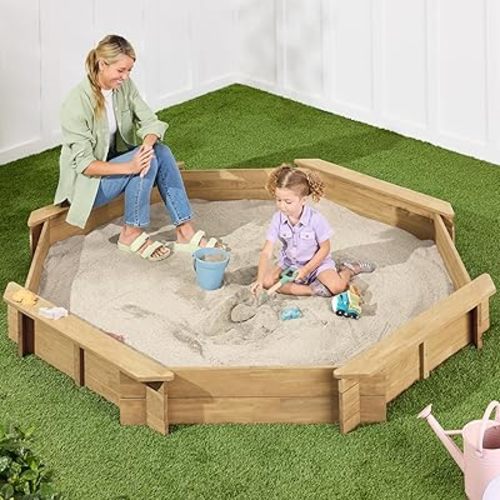 Best Choice Products Large Outdoor Octagon Wooden Sand Box for Kids, Sandbox with Cover, 4 Reinforced Benches Support up to 220 lbs Each, Bottom Liner for Drainage - Natural