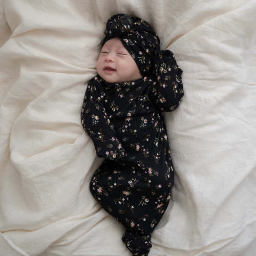 Sleeper and Headwrap Set in Midnight Fleur
