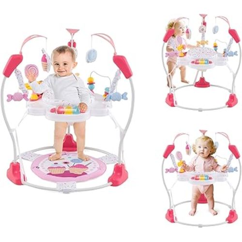 HONEY JOY Baby Bouncer Activity Center, Infant Jumper and Table w/ 360° Rotary Seat, 3 Adjustable Heights, Mat, Music, Lights, Sounds & Developmental Toys, Activity Center for Babies (Pink)